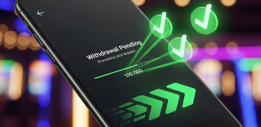 Mobile phone screen showing a 'Withdrawal Pending' message on a generic online casino app, with glowing green checkmarks indicating a fast resolution to withdrawal problems.