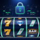 Vibrant online slot machine interface with spinning reels, showing generic winning symbols and digital displays for RTP and Win Rate, set against a backdrop of abstract security icons and data encryption lines, symbolizing trust and fair play in online gaming.