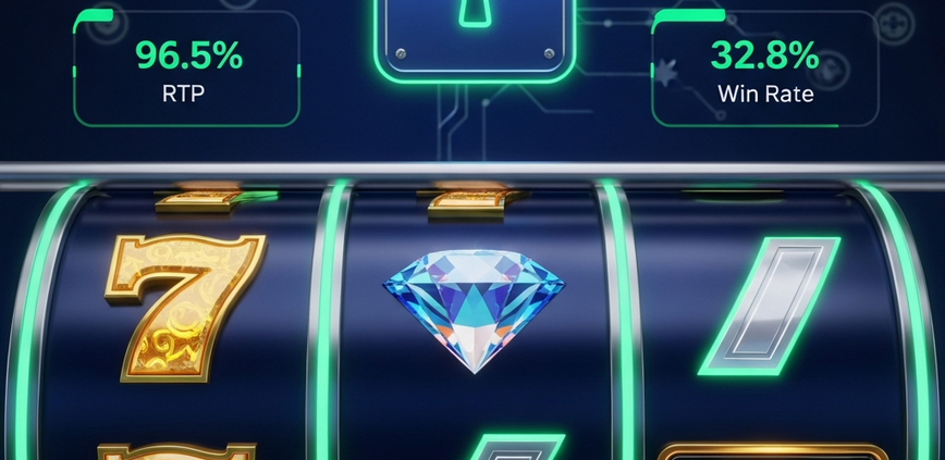 Vibrant online slot machine interface with spinning reels, showing generic winning symbols and digital displays for RTP and Win Rate, set against a backdrop of abstract security icons and data encryption lines, symbolizing trust and fair play in online gaming.