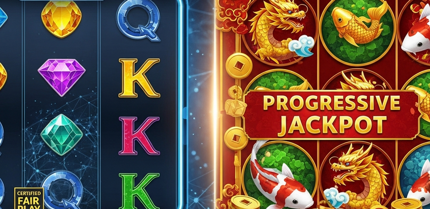 Split-screen image contrasting two online slot interfaces: one modern with a transparent RTP display and 'Certified Fair Play' badge, the other an Asian-themed slot with a prominent progressive jackpot, symbolizing the comparison between global and localized online casino game providers.