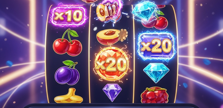 Vibrant online slot machine interface with colorful symbols, multiplier effects, and generic bet/balance controls, representing Pragmatic Play game mechanics and bankroll management.