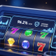 A digital interface of an online slot machine displaying a prominent RTP percentage and audit verification symbols, representing transparency and fair game data on a premium online casino platform.