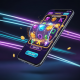 A sleek smartphone displaying a vibrant and modern online slot game interface, representing a beginner's guide to playing online slots in Malaysia.
