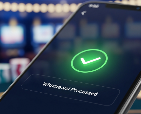 A smartphone screen showing a successful withdrawal confirmation from an online casino app, set against a luxurious, abstract background reinforcing security and speed.