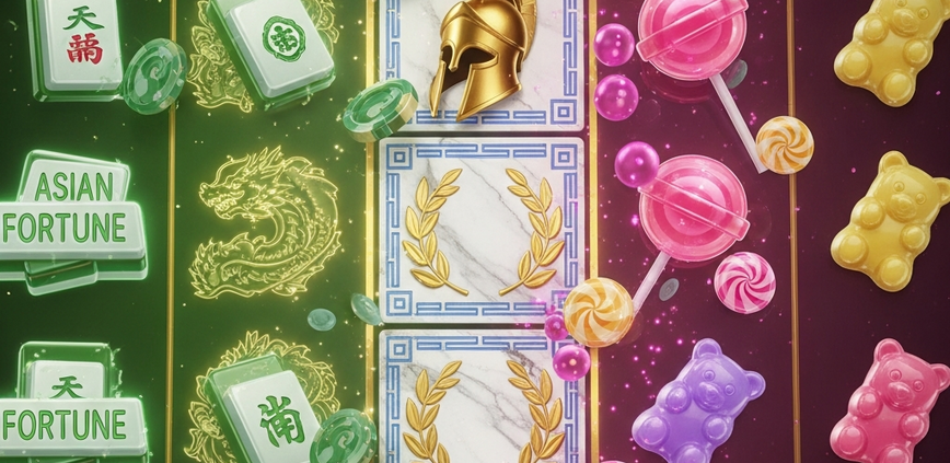 A dynamic montage showcasing the variety of Cosmo Play slot themes, blending elements of Asian Mahjong, Greek mythology, and whimsical candy into a single, premium online slot interface.