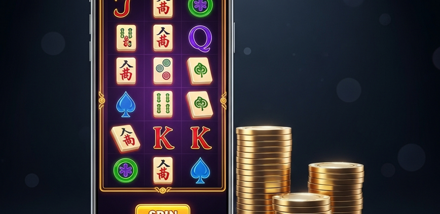 A smartphone showing an online slot game next to three stacks of casino chips of different sizes, representing a budget guide for Cosmo Play games in Malaysia.