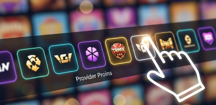 A sleek mobile online casino interface showing a user selecting a specific game provider from a horizontal list of logos to filter the available games.