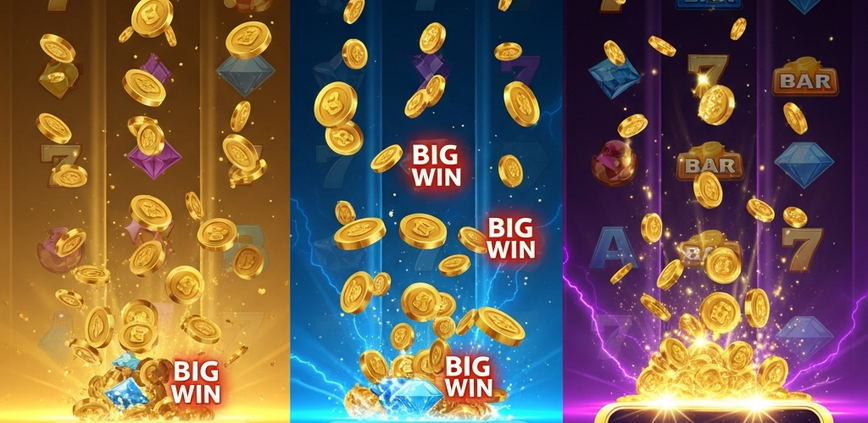 Dynamic online slot game interface visually representing low, medium, and high volatility with corresponding win animations and payout sizes, set in a modern casino environment.