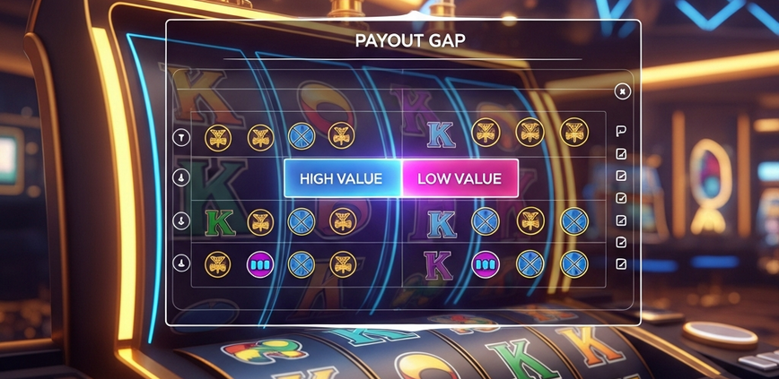 Vibrant online slot machine interface with a transparent overlay showing a stylized paytable, highlighting the payout gap between high and low-value symbols, set against a luxurious casino backdrop, representing slot volatility estimation.
