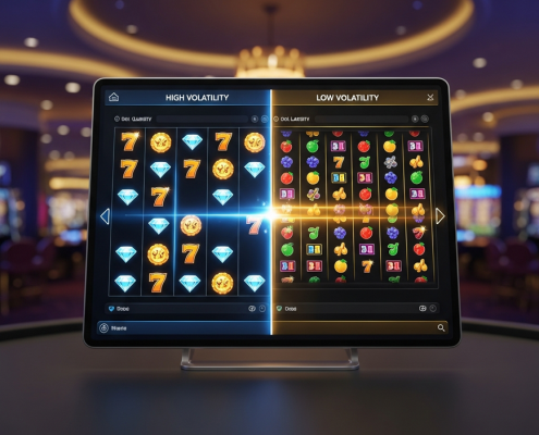 Dynamic split-screen online slot machine interface illustrating high volatility with rare large wins and low volatility with frequent small wins, set against a luxurious online casino background.