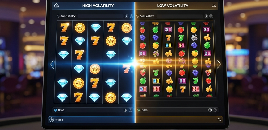 Dynamic split-screen online slot machine interface illustrating high volatility with rare large wins and low volatility with frequent small wins, set against a luxurious online casino background.
