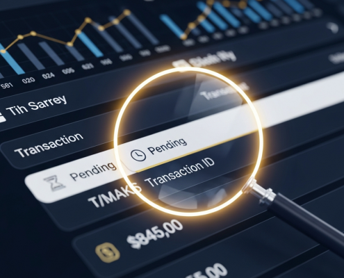 A digital magnifying glass inspects a 'Pending' transaction in an online casino's withdrawal history, symbolizing the process of troubleshooting a delayed payment.