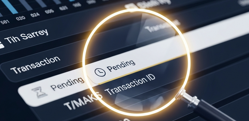 A digital magnifying glass inspects a 'Pending' transaction in an online casino's withdrawal history, symbolizing the process of troubleshooting a delayed payment.