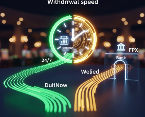 A futuristic digital interface showing a clock and calendar, with a fast green data stream representing 24/7 withdrawals and a paused amber stream for delayed bank transfers.