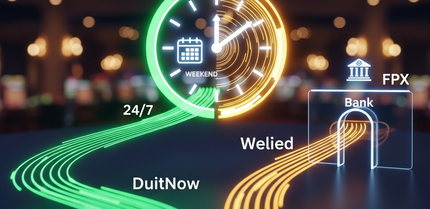 A futuristic digital interface showing a clock and calendar, with a fast green data stream representing 24/7 withdrawals and a paused amber stream for delayed bank transfers.