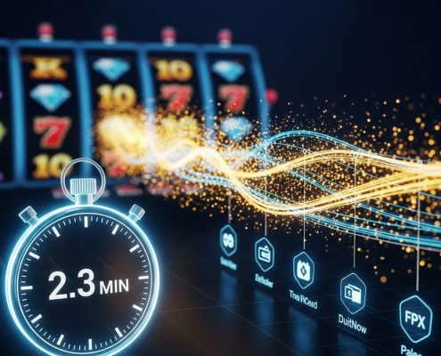 A high-tech visualization of a fast 2.3-minute online casino withdrawal, showing a glowing stopwatch and a stream of light flowing from a slot game to payment icons.