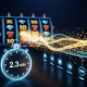 A high-tech visualization of a fast 2.3-minute online casino withdrawal, showing a glowing stopwatch and a stream of light flowing from a slot game to payment icons.