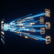 A high-tech visualization of the DuitNow payment rail, showing glowing streams of data moving instantly from a casino interface to bank and eWallet icons, symbolizing fast and secure withdrawals.