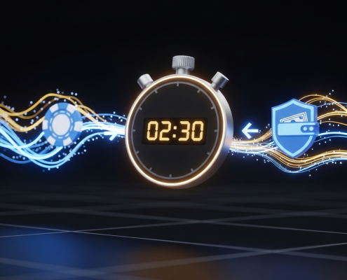 A high-tech 3D render illustrating fast online casino withdrawal speeds, with a digital stopwatch showing 2.3 minutes and data flowing from a casino chip to an e-wallet.