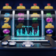 A sophisticated online slot machine interface with a glowing digital overlay showing an RTP percentage and data graph, symbolizing fairness and transparency in online gaming.