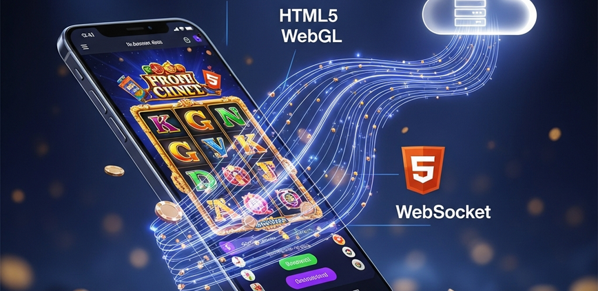 A smartphone displaying a slot game in a browser, with glowing data streams connecting to a cloud server, illustrating the technology behind no-download browser slots.