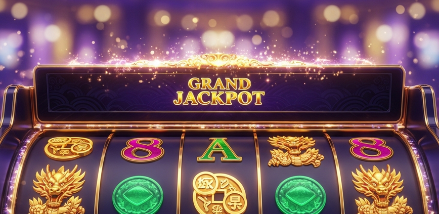 A luxurious online slot machine with a Chinese fortune theme, showing glowing dragon and jade coin symbols on the reels during a celebratory jackpot win.