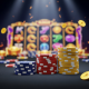 Three stacks of casino chips representing different budget tiers for Malaysian players, set against a vibrant online slot machine interface with glowing Asian-themed symbols, illustrating strategic bankroll management.