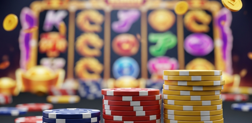 Three stacks of casino chips representing different budget tiers for Malaysian players, set against a vibrant online slot machine interface with glowing Asian-themed symbols, illustrating strategic bankroll management.