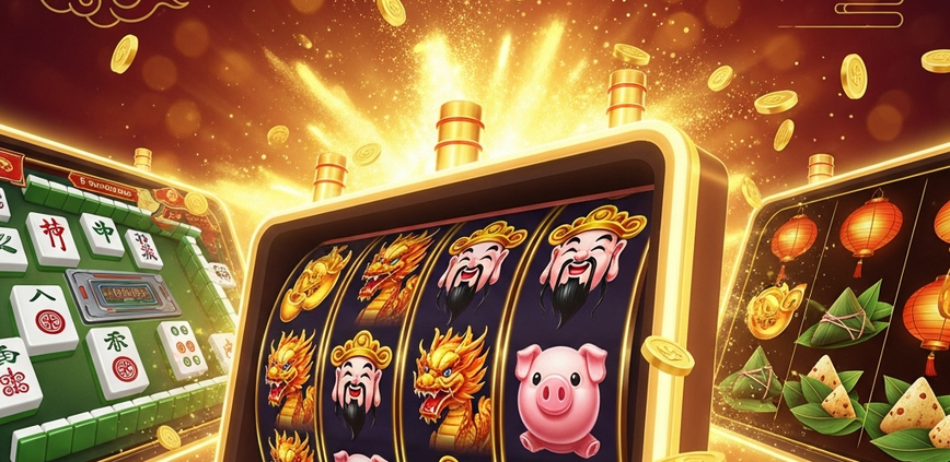 A vibrant collage of Chinese fortune-themed online slot games, featuring Caishen, Mahjong tiles, and golden ingots, representing a premium collection for Malaysian casino players.