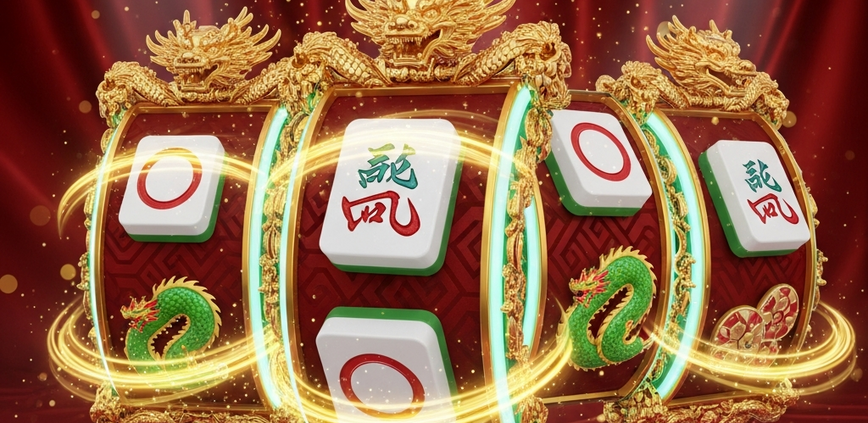 A premium, cinematic depiction of a Mahjong-themed online slot game trilogy, featuring three sets of glowing reels with detailed Mahjong tile symbols and golden dragon accents.