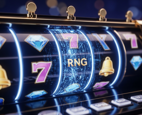 A sophisticated online slot machine interface with transparent reels revealing the underlying random number generator (RNG) code, debunking common slot myths.