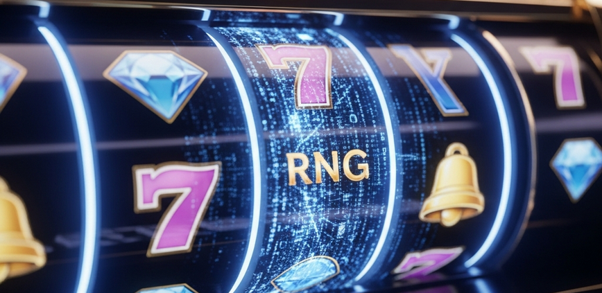 A sophisticated online slot machine interface with transparent reels revealing the underlying random number generator (RNG) code, debunking common slot myths.