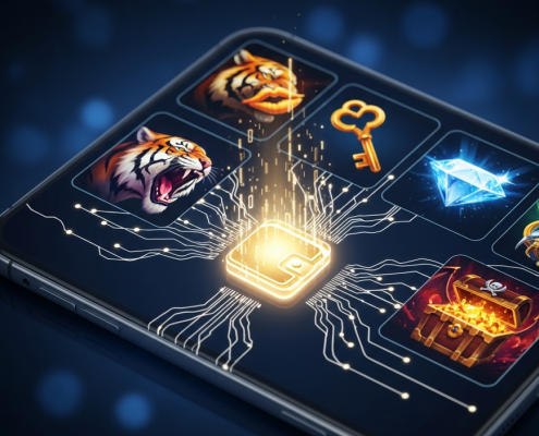 A futuristic mobile casino interface showcasing a central glowing wallet icon that connects to various game provider symbols, representing a single account for Mega888, 918Kiss, and others.