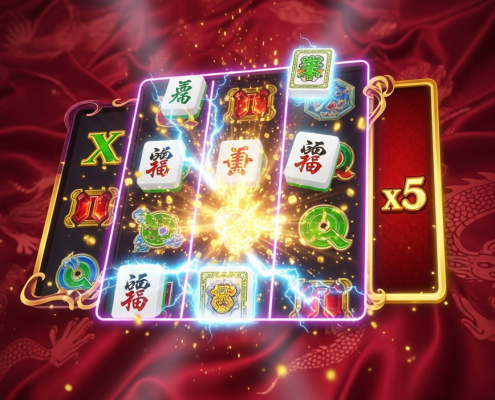 A vibrant, high-definition interface of a Mahjong-themed online slot game, showcasing the cascading reels feature with glowing golden Mahjong tiles and a high win multiplier.