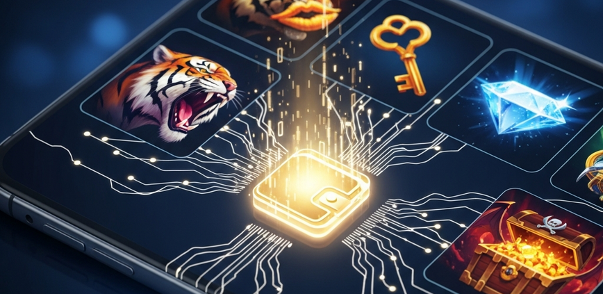 A futuristic mobile casino interface showcasing a central glowing wallet icon that connects to various game provider symbols, representing a single account for Mega888, 918Kiss, and others.